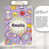 Cute Kawaii School Supplies Rainbow Apple Purple Background  Personalised Custom Name Super Soft Fleece Blanket Bed Sofa Throw