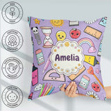 Custom Name Cute Kawaii School Supplies Rainbow Apple Background Square Filled Cushion Throw Pillow Sofa Bed Home Decor Zip Washable UK Made