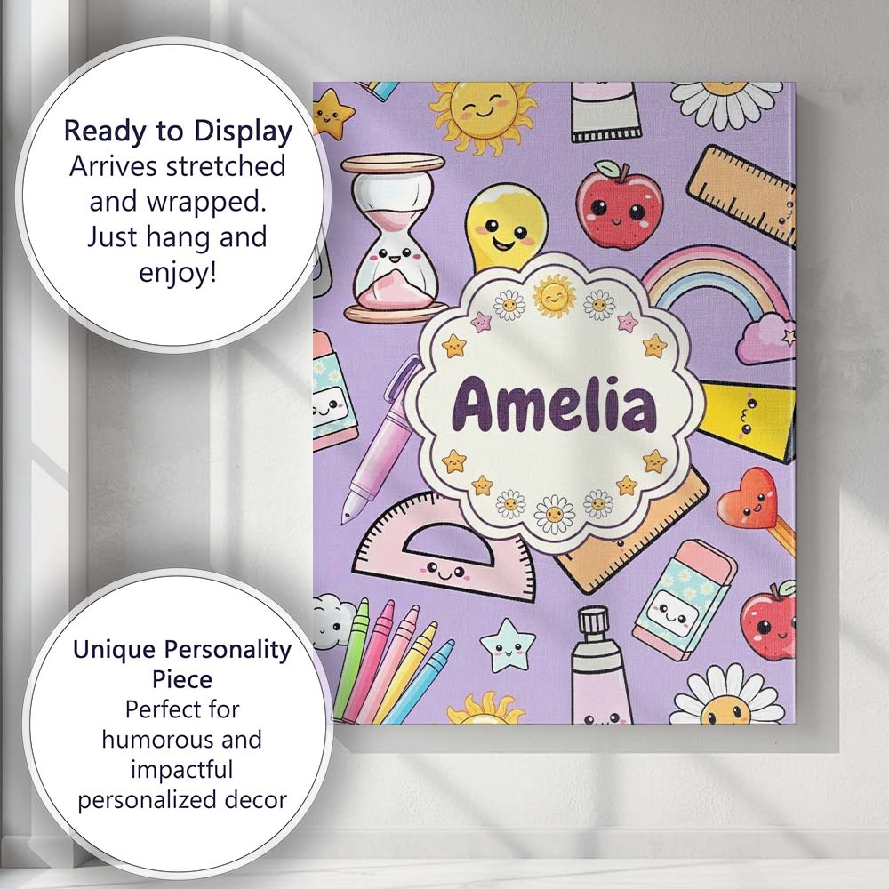 Personalised Name Cute Kawaii School Custom Premium Decorative Design Modern Room Accent Canvas Wall Art Print Decor Picture Ready to Hang