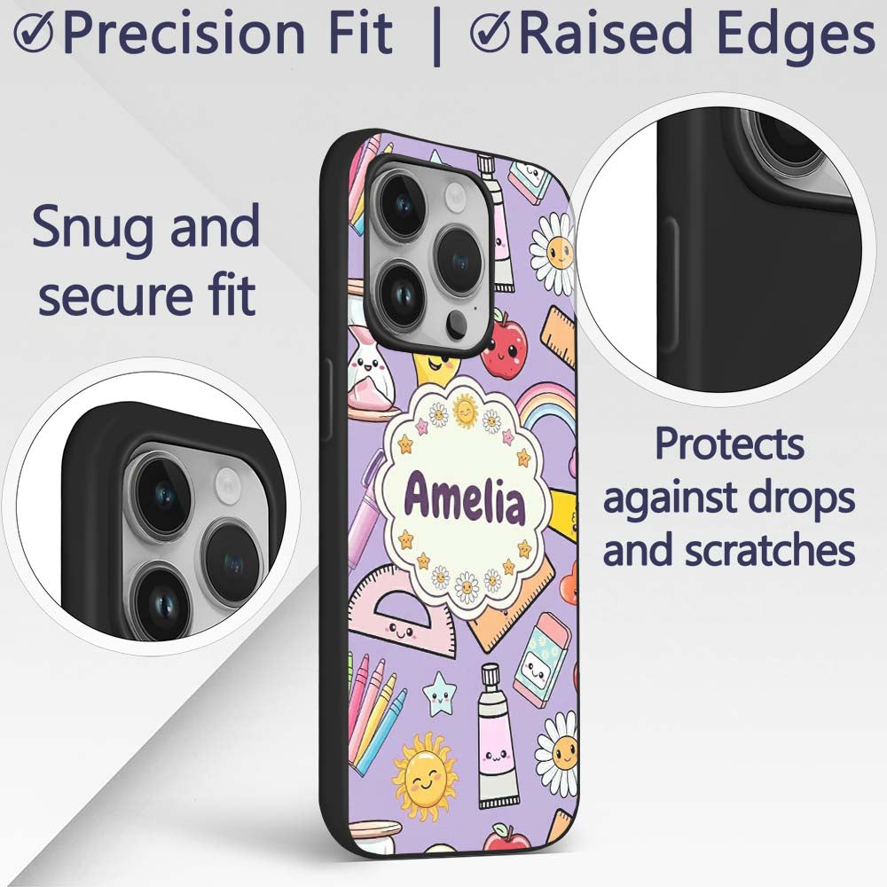 Cute Kawaii School Supplies Rainbow Apple Purple Custom Name Protective Phone Case Mobile Cover Durable Everyday Smartphone Shock Resistant