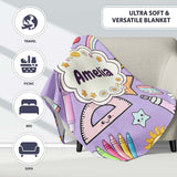Cute Kawaii School Supplies Rainbow Apple Purple Background  Personalised Custom Name Super Soft Fleece Blanket Bed Sofa Throw
