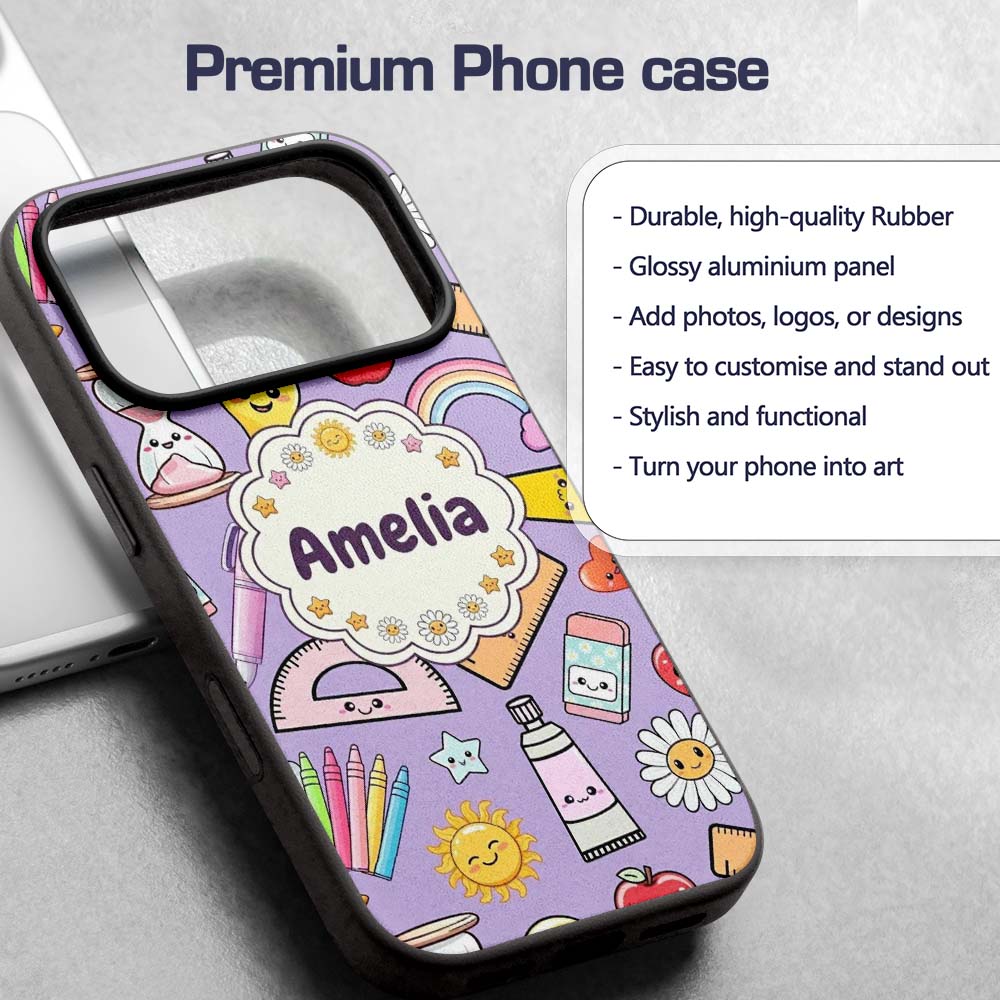 Cute Kawaii School Supplies Rainbow Apple Purple Custom Name Protective Phone Case Mobile Cover Durable Everyday Smartphone Shock Resistant