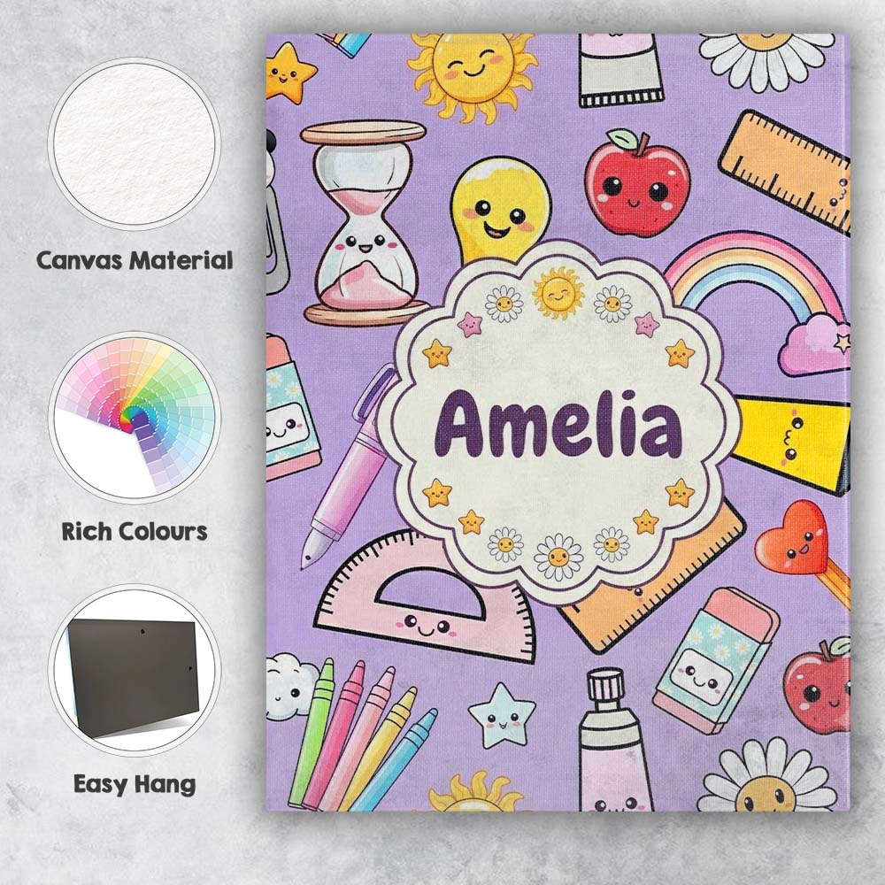 Personalised Name Cute Kawaii School Custom Premium Decorative Design Modern Room Accent Canvas Wall Art Print Decor Picture Ready to Hang