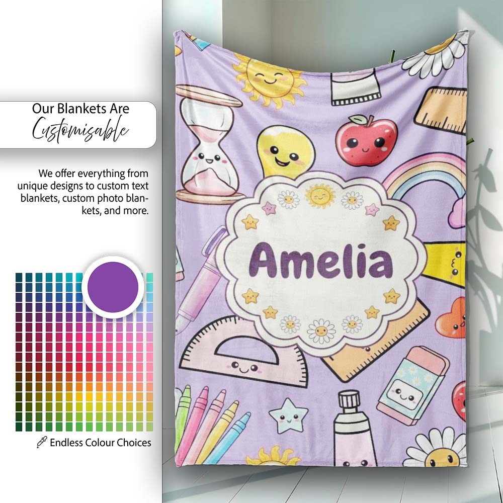 Cute Kawaii School Supplies Rainbow Apple Purple Background  Personalised Custom Name Super Soft Fleece Blanket Bed Sofa Throw