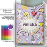 Cute Kawaii School Supplies Rainbow Apple Purple Background  Personalised Custom Name Super Soft Fleece Blanket Bed Sofa Throw