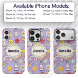 Cute Kawaii School Supplies Rainbow Apple Purple Custom Name Protective Phone Case Mobile Cover Durable Everyday Smartphone Shock Resistant
