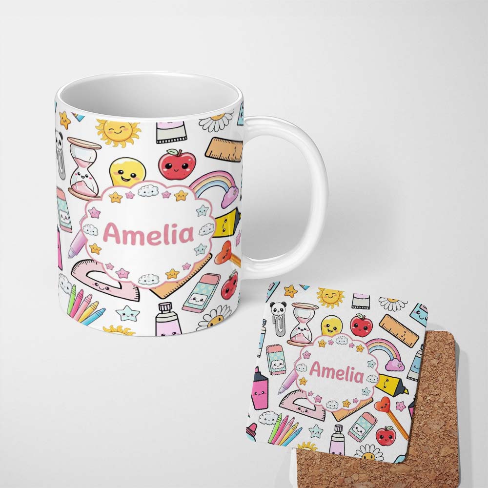 Personalized Custom Name Cute Kawaii School Supplies Glue Rainbow Apple Grey Background 11oz Ceramic Coffee Tea Mug White Large Handle
