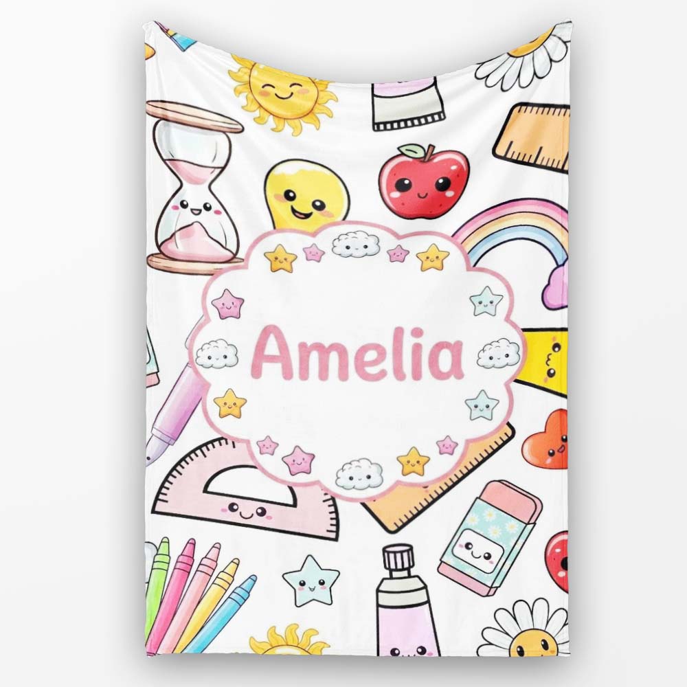 Cute Kawaii School Supplies Glue Rainbow Apple Grey Background  Personalised Custom Name Super Soft Fleece Blanket Bed Sofa Throw