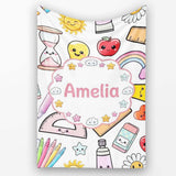Cute Kawaii School Supplies Glue Rainbow Apple Grey Background  Personalised Custom Name Super Soft Fleece Blanket Bed Sofa Throw