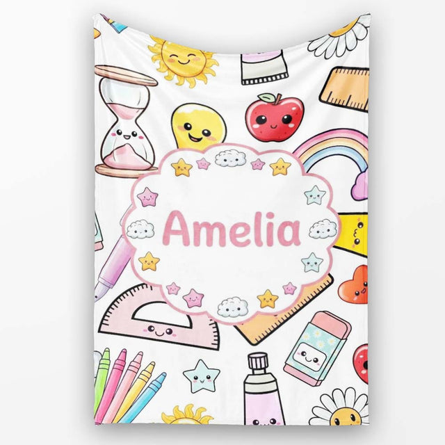 Cute Kawaii School Supplies Glue Rainbow Apple Grey Background  Personalised Custom Name Super Soft Fleece Blanket Bed Sofa Throw