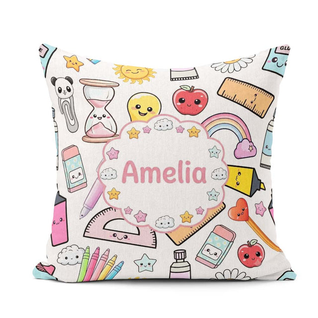Custom Name Cute Kawaii School Supplies Glue Rainbow Apple Grey Square Filled Cushion Throw Pillow Sofa Bed Home Decor Zip Washable UK Made