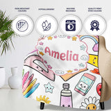 Cute Kawaii School Supplies Glue Rainbow Apple Grey Background  Personalised Custom Name Super Soft Fleece Blanket Bed Sofa Throw