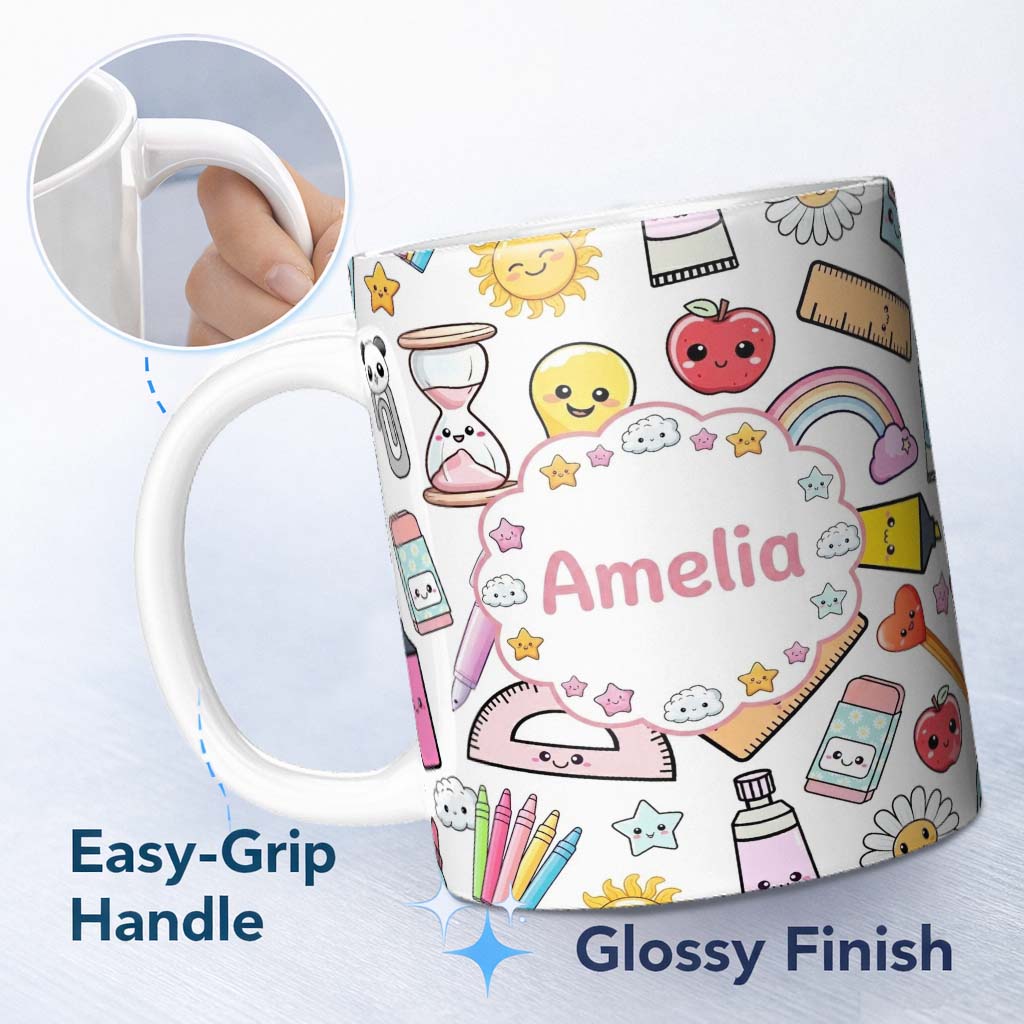 Personalized Custom Name Cute Kawaii School Supplies Glue Rainbow Apple Grey Background 11oz Ceramic Coffee Tea Mug White Large Handle