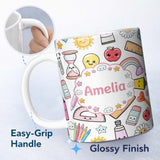 Personalized Custom Name Cute Kawaii School Supplies Glue Rainbow Apple Grey Background 11oz Ceramic Coffee Tea Mug White Large Handle
