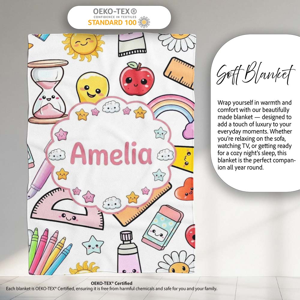 Cute Kawaii School Supplies Glue Rainbow Apple Grey Background  Personalised Custom Name Super Soft Fleece Blanket Bed Sofa Throw