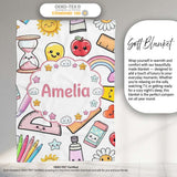 Cute Kawaii School Supplies Glue Rainbow Apple Grey Background  Personalised Custom Name Super Soft Fleece Blanket Bed Sofa Throw
