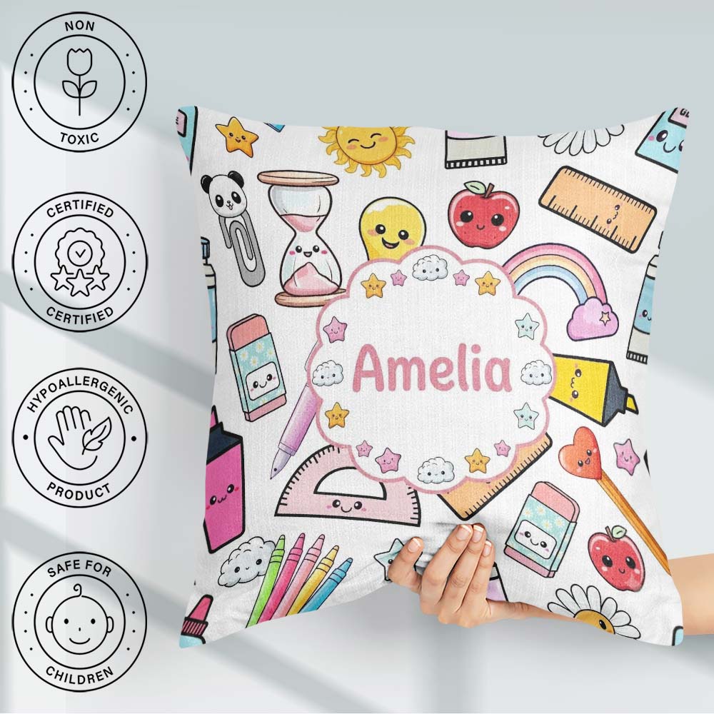 Custom Name Cute Kawaii School Supplies Glue Rainbow Apple Grey Square Filled Cushion Throw Pillow Sofa Bed Home Decor Zip Washable UK Made