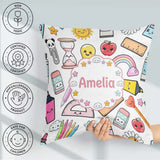 Custom Name Cute Kawaii School Supplies Glue Rainbow Apple Grey Square Filled Cushion Throw Pillow Sofa Bed Home Decor Zip Washable UK Made