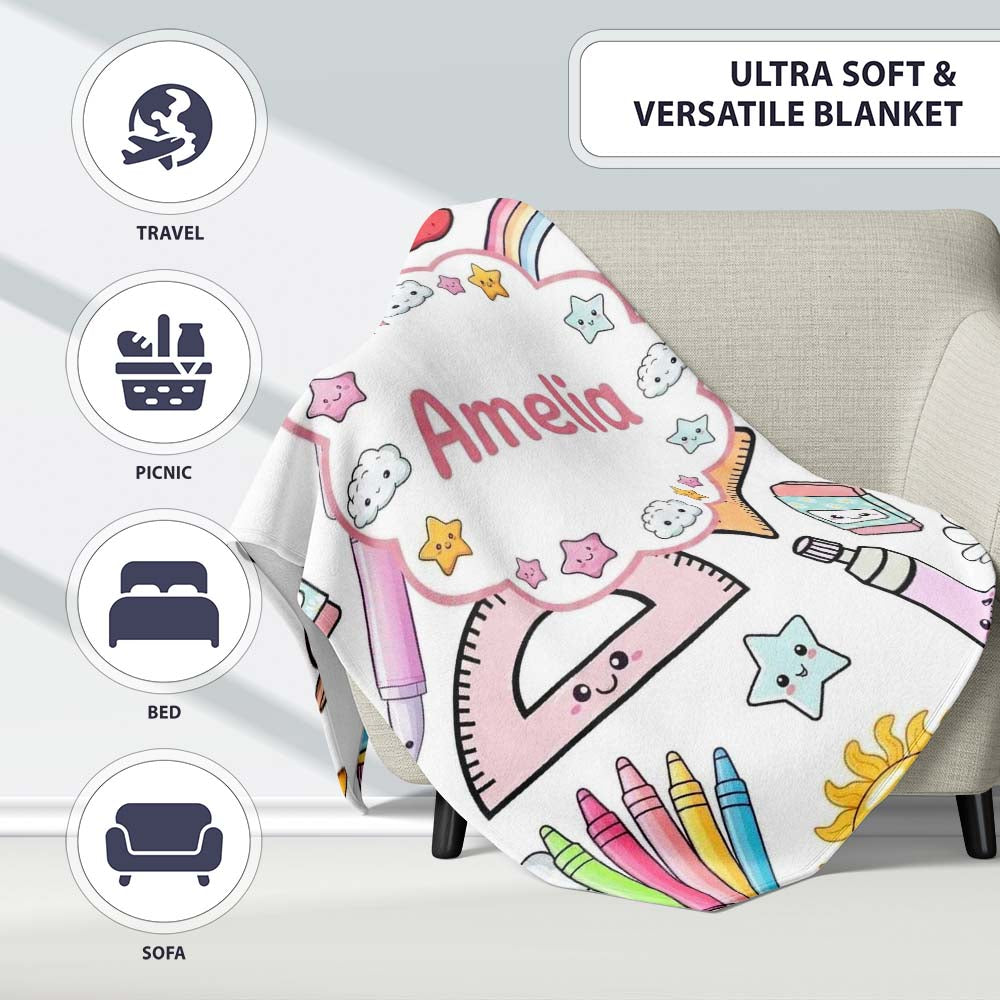 Cute Kawaii School Supplies Glue Rainbow Apple Grey Background  Personalised Custom Name Super Soft Fleece Blanket Bed Sofa Throw