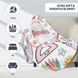 Cute Kawaii School Supplies Glue Rainbow Apple Grey Background  Personalised Custom Name Super Soft Fleece Blanket Bed Sofa Throw