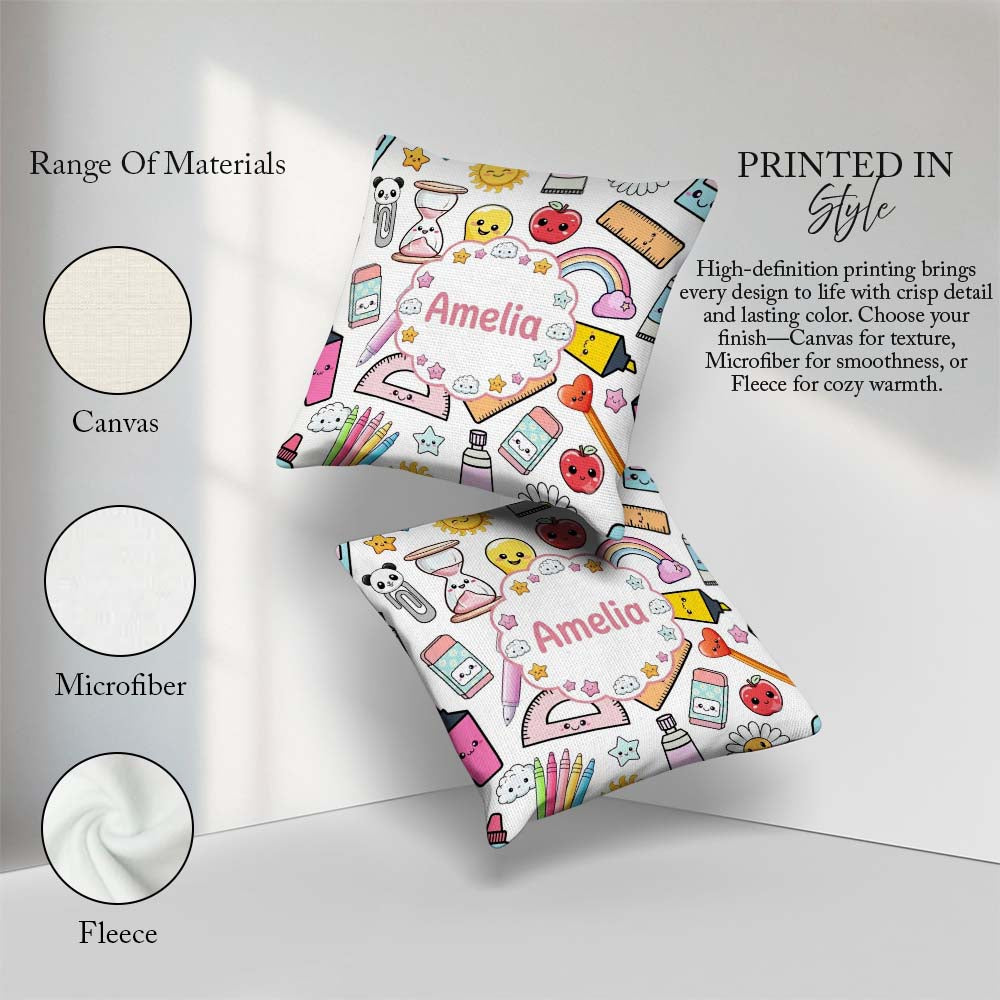 Custom Name Cute Kawaii School Supplies Glue Rainbow Apple Grey Square Filled Cushion Throw Pillow Sofa Bed Home Decor Zip Washable UK Made