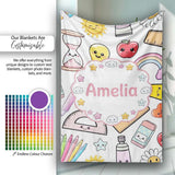 Cute Kawaii School Supplies Glue Rainbow Apple Grey Background  Personalised Custom Name Super Soft Fleece Blanket Bed Sofa Throw