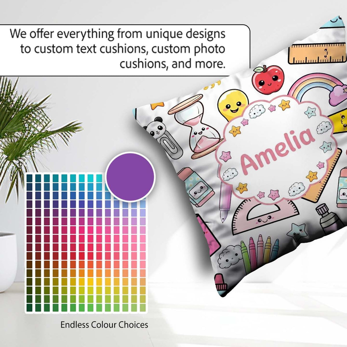 Custom Name Cute Kawaii School Supplies Glue Rainbow Apple Grey Square Filled Cushion Throw Pillow Sofa Bed Home Decor Zip Washable UK Made