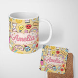 Personalized Custom Name Cute Kawaii School Supplies Rainbow Apple Yellow Background 11oz Ceramic Coffee Tea Mug White Large Handle