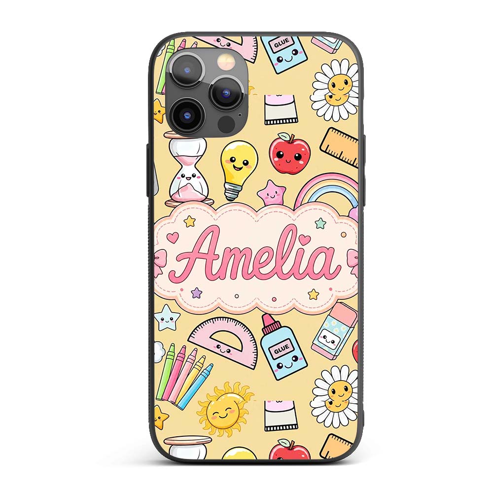 Cute Kawaii School Supplies Rainbow Apple Yellow Custom Name Protective Phone Case Mobile Cover Durable Everyday Smartphone Shock Resistant