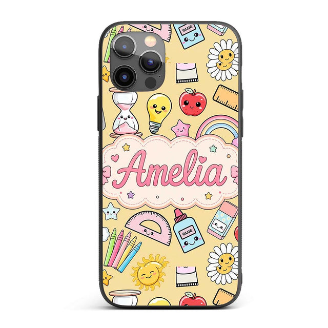 Cute Kawaii School Supplies Rainbow Apple Yellow Custom Name Protective Phone Case Mobile Cover Durable Everyday Smartphone Shock Resistant