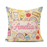 Custom Name Cute Kawaii School Supplies Rainbow Apple Background Square Filled Cushion Throw Pillow Sofa Bed Home Decor Zip Washable UK Made