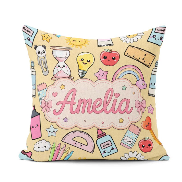 Custom Name Cute Kawaii School Supplies Rainbow Apple Background Square Filled Cushion Throw Pillow Sofa Bed Home Decor Zip Washable UK Made