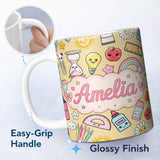 Personalized Custom Name Cute Kawaii School Supplies Rainbow Apple Yellow Background 11oz Ceramic Coffee Tea Mug White Large Handle