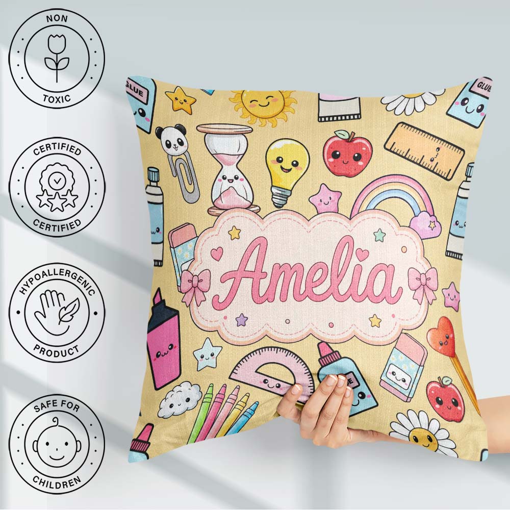 Custom Name Cute Kawaii School Supplies Rainbow Apple Background Square Filled Cushion Throw Pillow Sofa Bed Home Decor Zip Washable UK Made