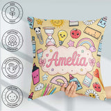 Custom Name Cute Kawaii School Supplies Rainbow Apple Background Square Filled Cushion Throw Pillow Sofa Bed Home Decor Zip Washable UK Made