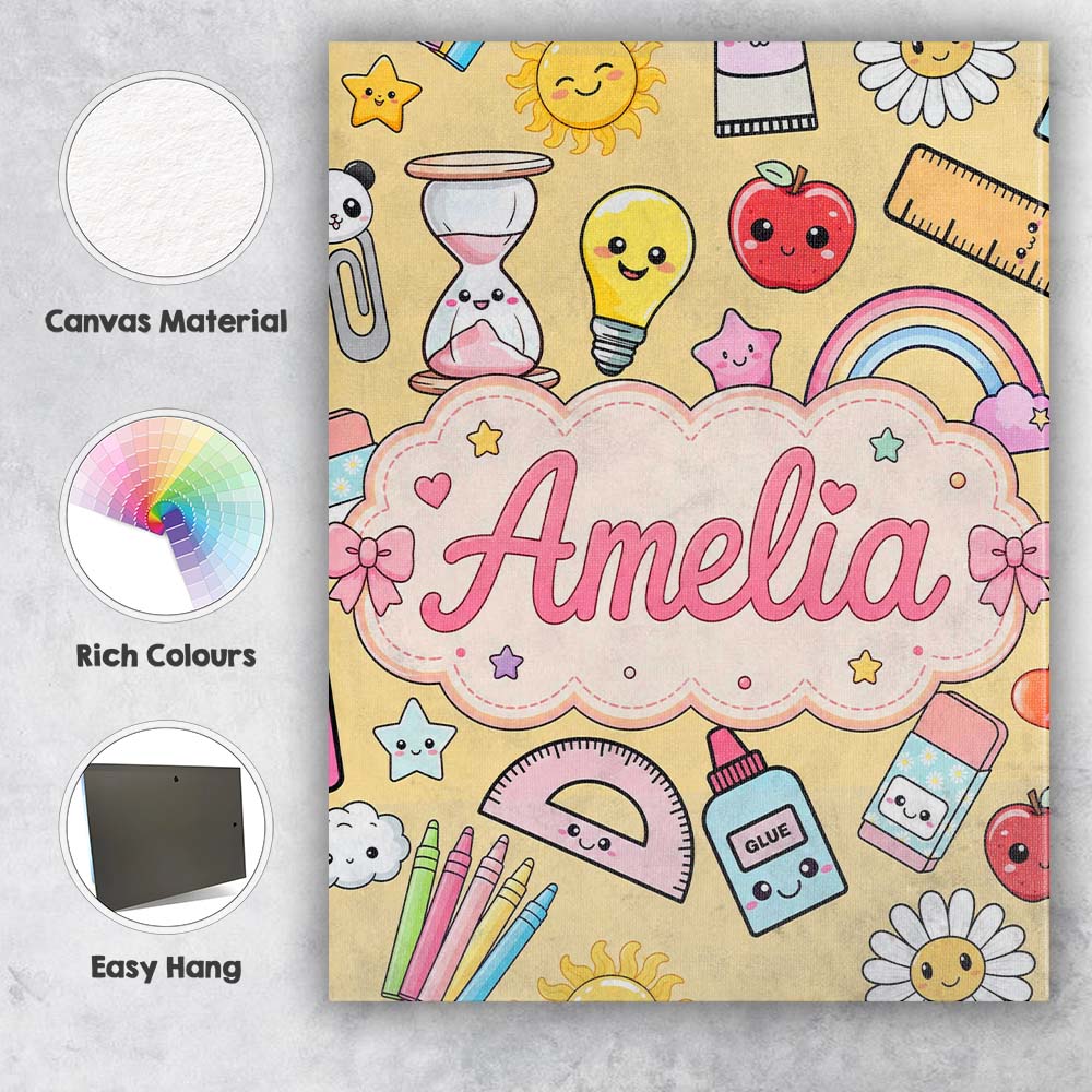 Personalised Name Cute Kawaii School Custom Premium Decorative Design Modern Room Accent Canvas Wall Art Print Decor Picture Ready to Hang