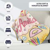 Cute Kawaii School Supplies Rainbow Apple Yellow Background  Personalised Custom Name Super Soft Fleece Blanket Bed Sofa Throw