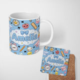 Personalized Custom Name Cute Kawaii School Supplies Cat Books Clock Pencil Blue Seamless 11oz Ceramic Coffee Tea Mug White Large Handle