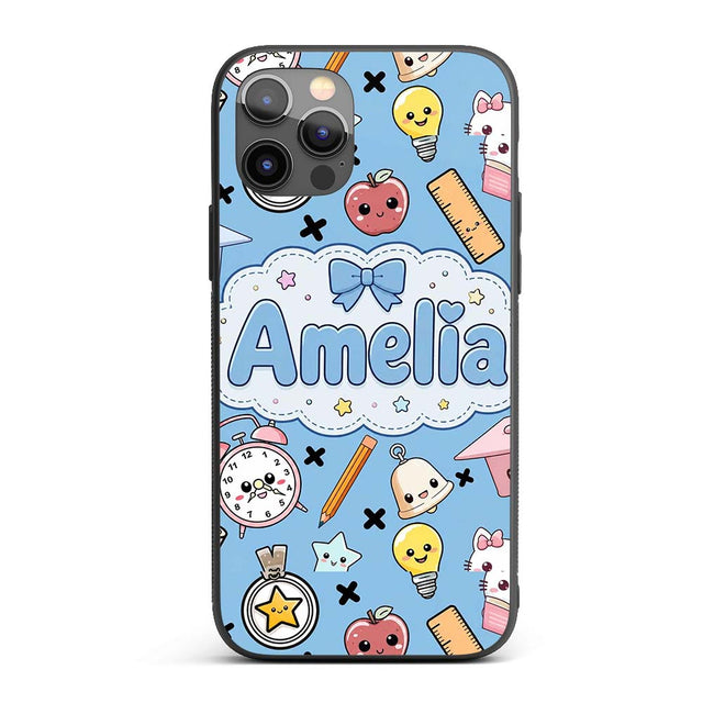 Cute Kawaii School Supplies Cat Printed Design Custom Name Protective Phone Case Mobile Cover Durable Everyday Smartphone Shock Resistant