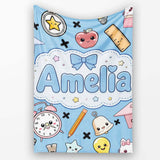 Cute Kawaii School Supplies Cat Books Clock Pencil Blue Seamless  Personalised Custom Name Super Soft Fleece Blanket Bed Sofa Throw