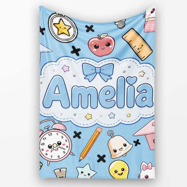 Cute Kawaii School Supplies Cat Books Clock Pencil Blue Seamless  Personalised Custom Name Super Soft Fleece Blanket Bed Sofa Throw