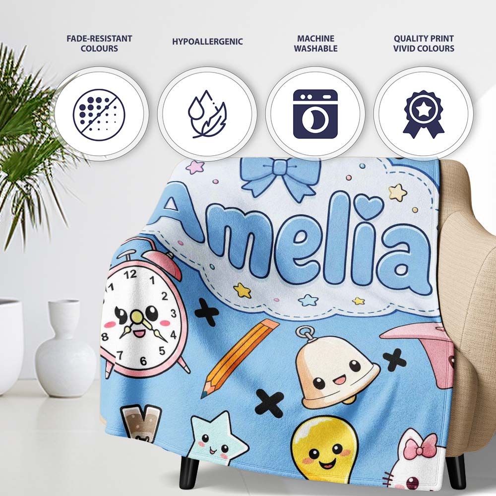 Cute Kawaii School Supplies Cat Books Clock Pencil Blue Seamless  Personalised Custom Name Super Soft Fleece Blanket Bed Sofa Throw