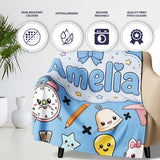 Cute Kawaii School Supplies Cat Books Clock Pencil Blue Seamless  Personalised Custom Name Super Soft Fleece Blanket Bed Sofa Throw