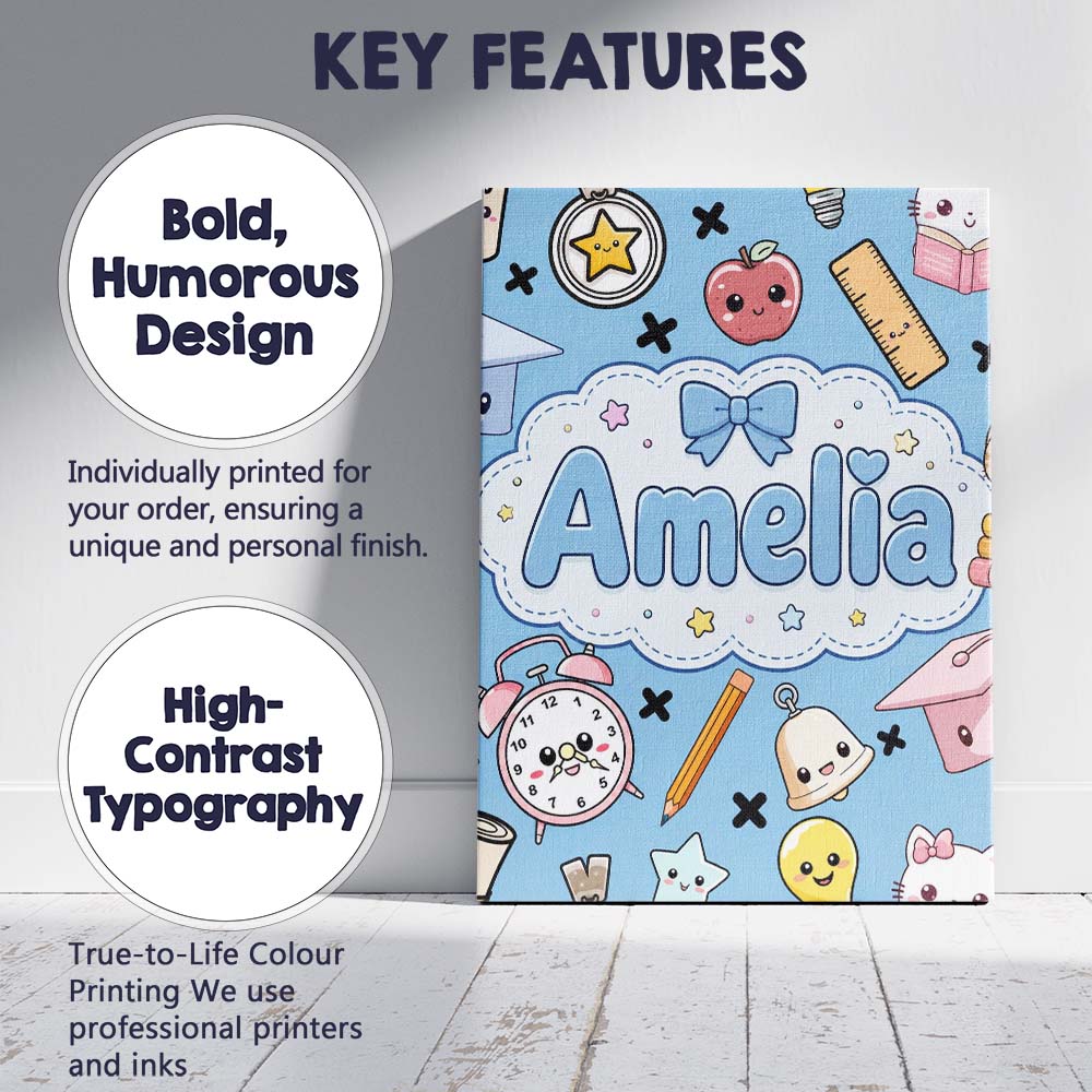 Personalised Name Cute Kawaii School Custom Premium Decorative Design Modern Room Accent Canvas Wall Art Print Decor Picture Ready to Hang