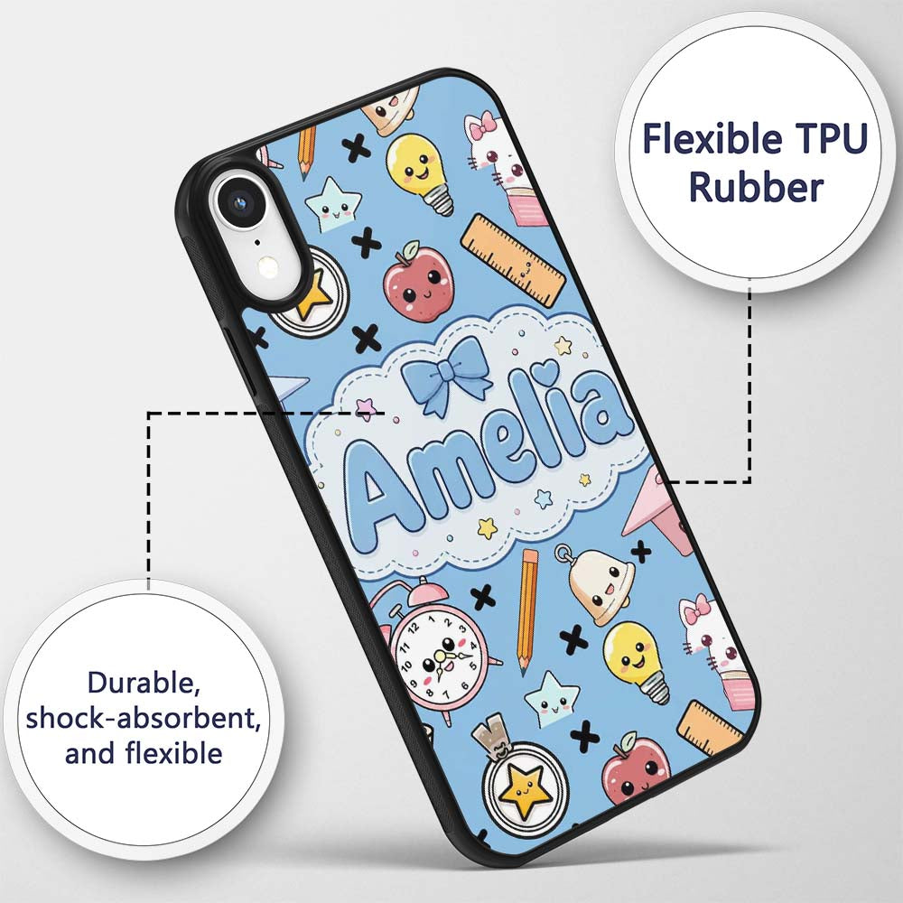 Cute Kawaii School Supplies Cat Printed Design Custom Name Protective Phone Case Mobile Cover Durable Everyday Smartphone Shock Resistant