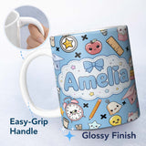 Personalized Custom Name Cute Kawaii School Supplies Cat Books Clock Pencil Blue Seamless 11oz Ceramic Coffee Tea Mug White Large Handle