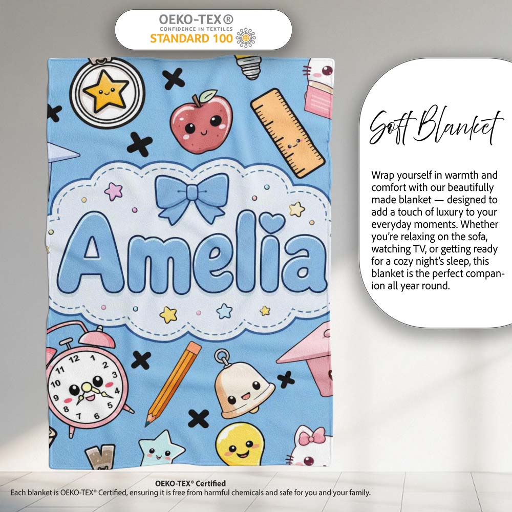 Cute Kawaii School Supplies Cat Books Clock Pencil Blue Seamless  Personalised Custom Name Super Soft Fleece Blanket Bed Sofa Throw