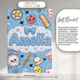 Cute Kawaii School Supplies Cat Books Clock Pencil Blue Seamless  Personalised Custom Name Super Soft Fleece Blanket Bed Sofa Throw