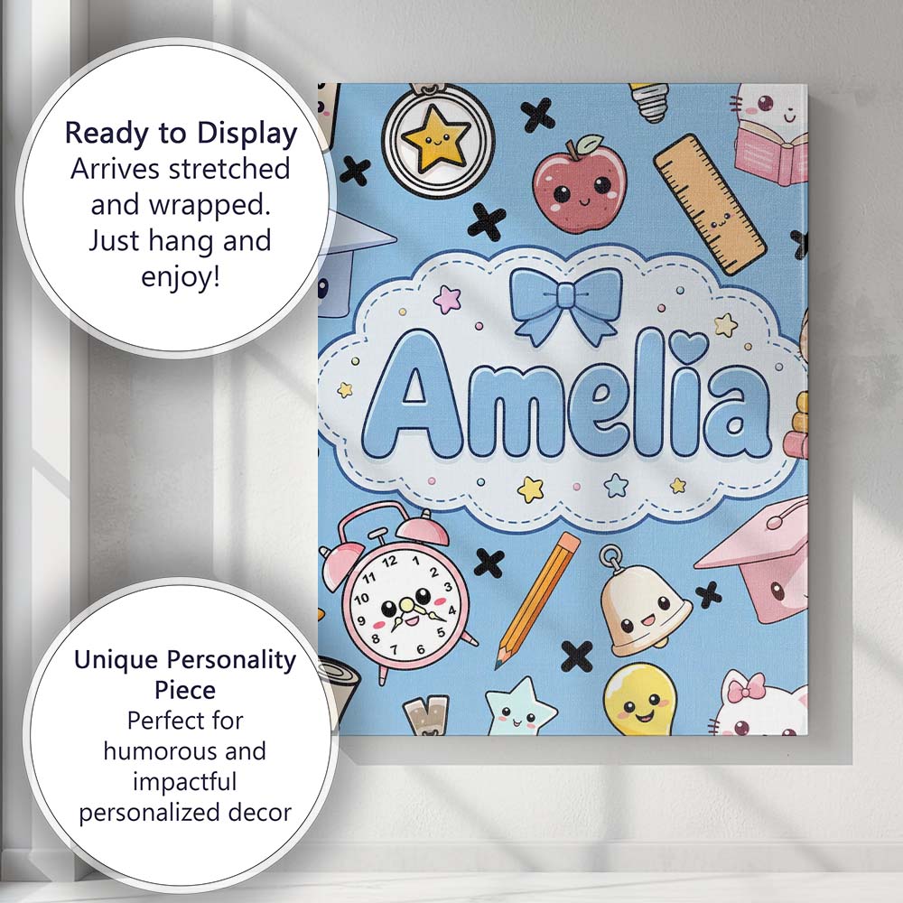 Personalised Name Cute Kawaii School Custom Premium Decorative Design Modern Room Accent Canvas Wall Art Print Decor Picture Ready to Hang