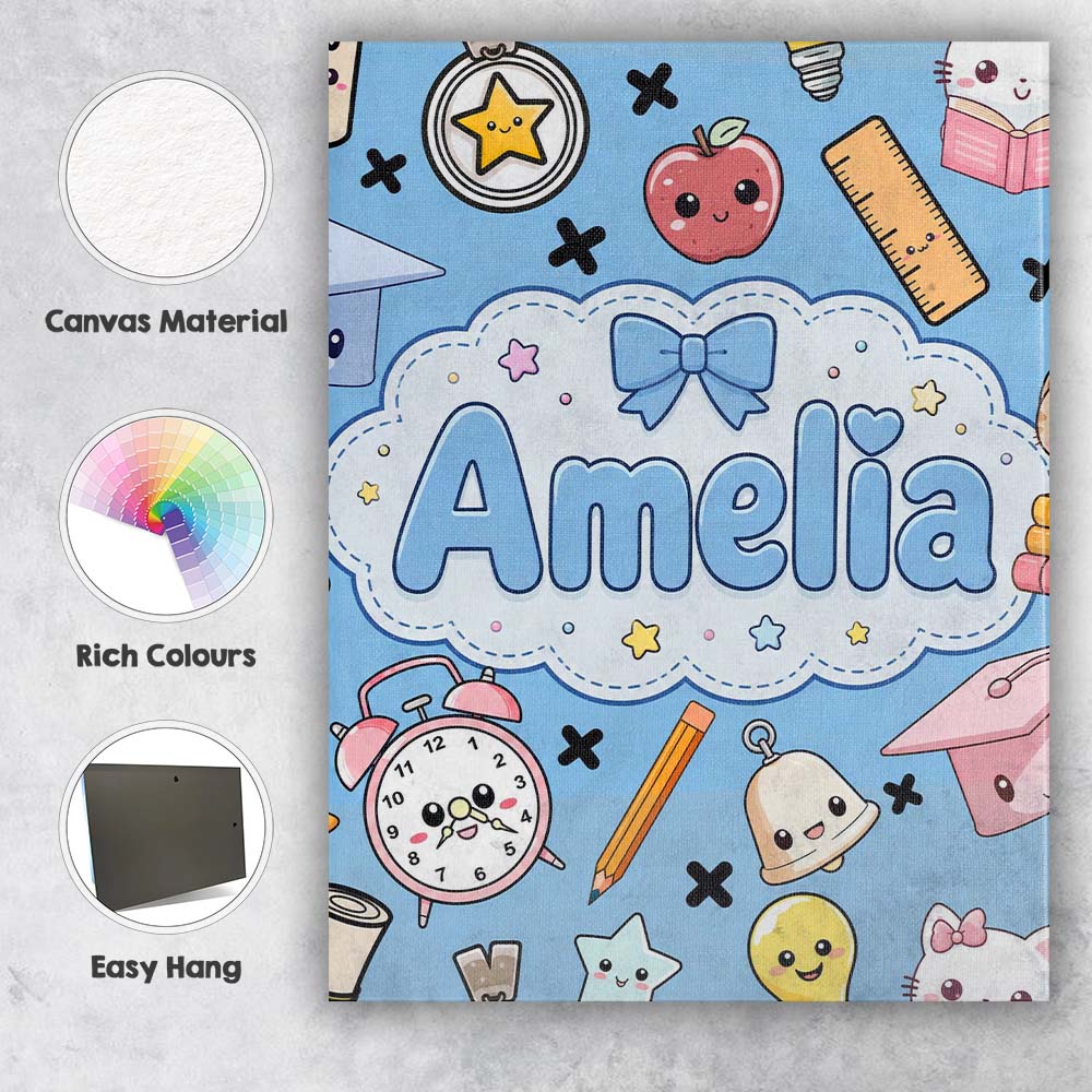Personalised Name Cute Kawaii School Custom Premium Decorative Design Modern Room Accent Canvas Wall Art Print Decor Picture Ready to Hang